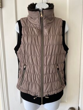 Calvin Klein Quilted Puffer Vest Sherpa Fur Ribbed Knit Women's Medium Black Tan